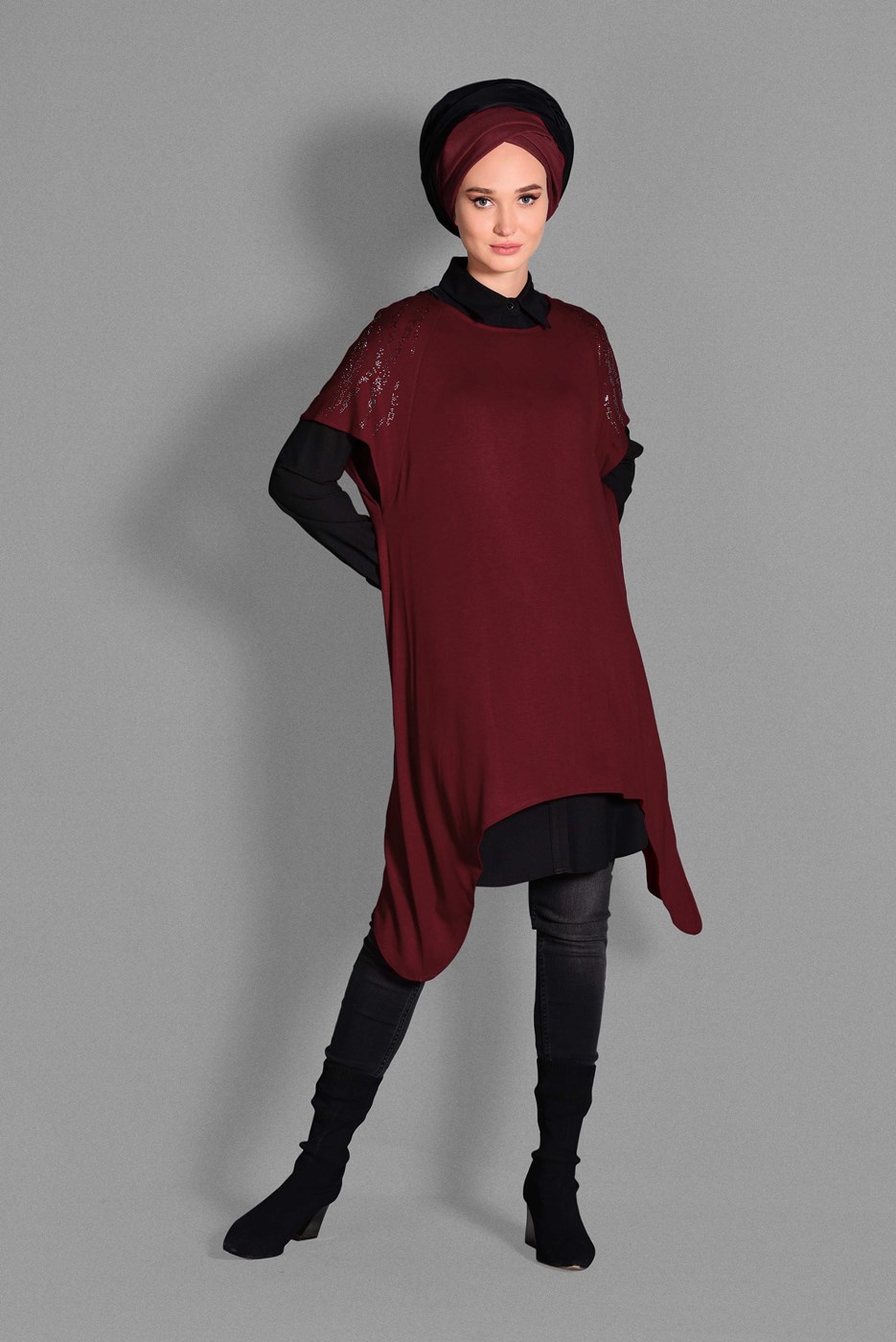 Tesettür giyim BORDO SİM DETAYLI 2&prime;Lİ TUNİK 4787 