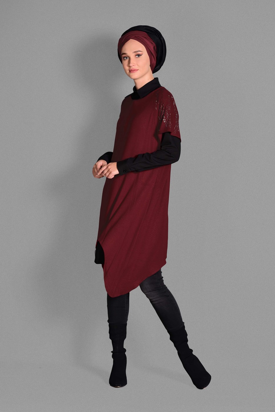 Tesettür giyim BORDO SİM DETAYLI 2&prime;Lİ TUNİK 4787 