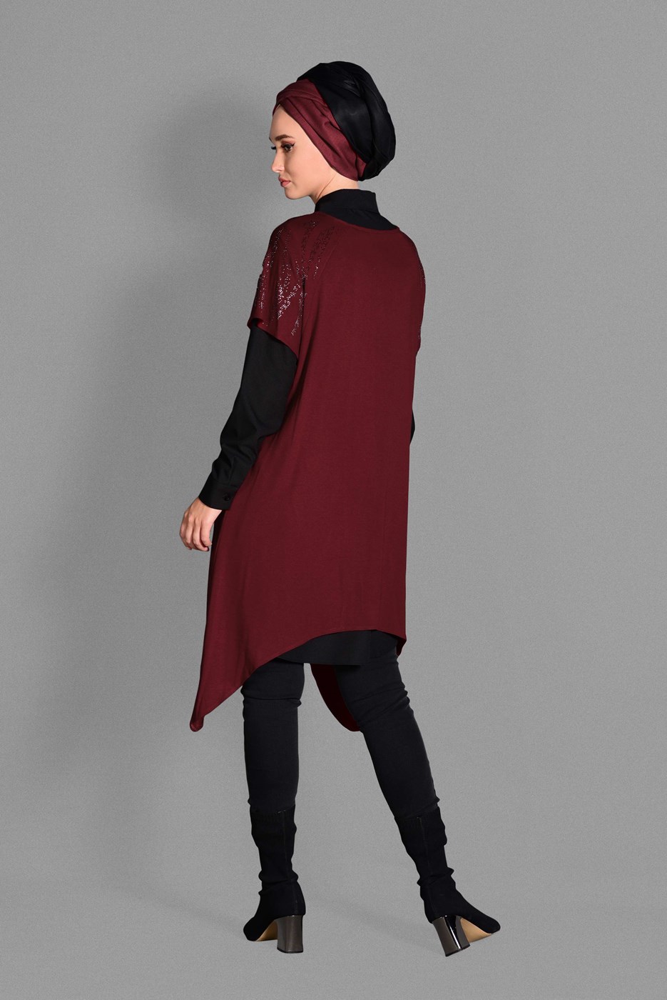 Tesettür giyim BORDO SİM DETAYLI 2&prime;Lİ TUNİK 4787 