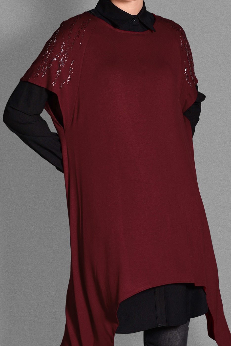 Tesettür giyim BORDO SİM DETAYLI 2&prime;Lİ TUNİK 4787 