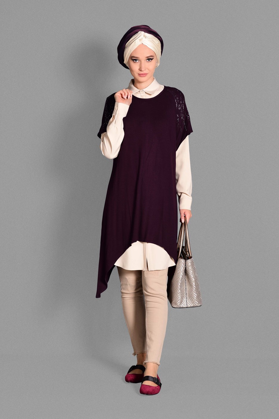 Tesettür giyim BORDO SİM DETAYLI 2&prime;Lİ TUNİK 4787 