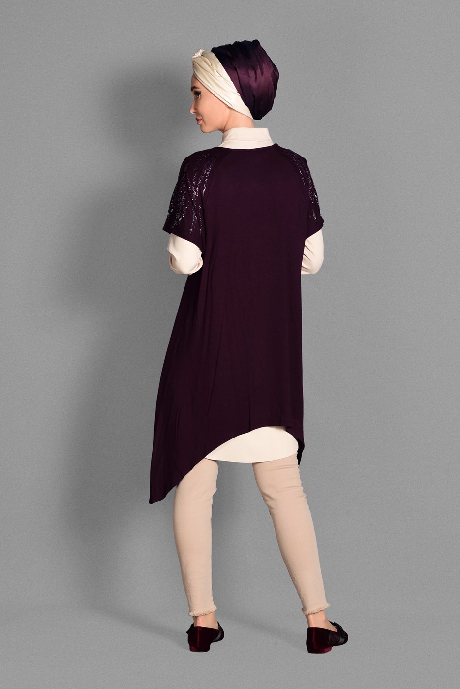 Tesettür giyim BORDO SİM DETAYLI 2&prime;Lİ TUNİK 4787 