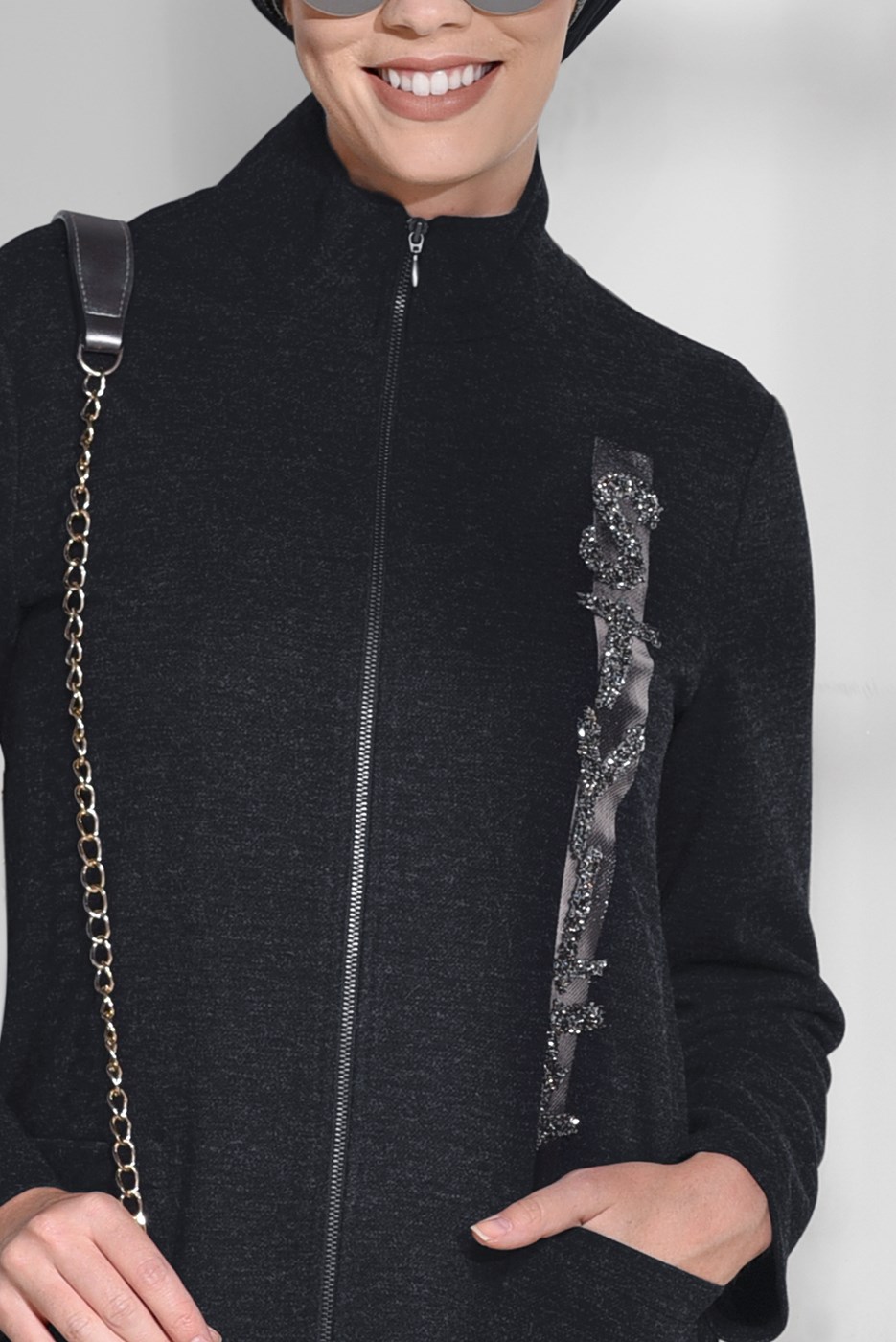 Tesettür giyim SİYAH PAYET İŞLEMELİ CEPLİ TUNİK  4865 