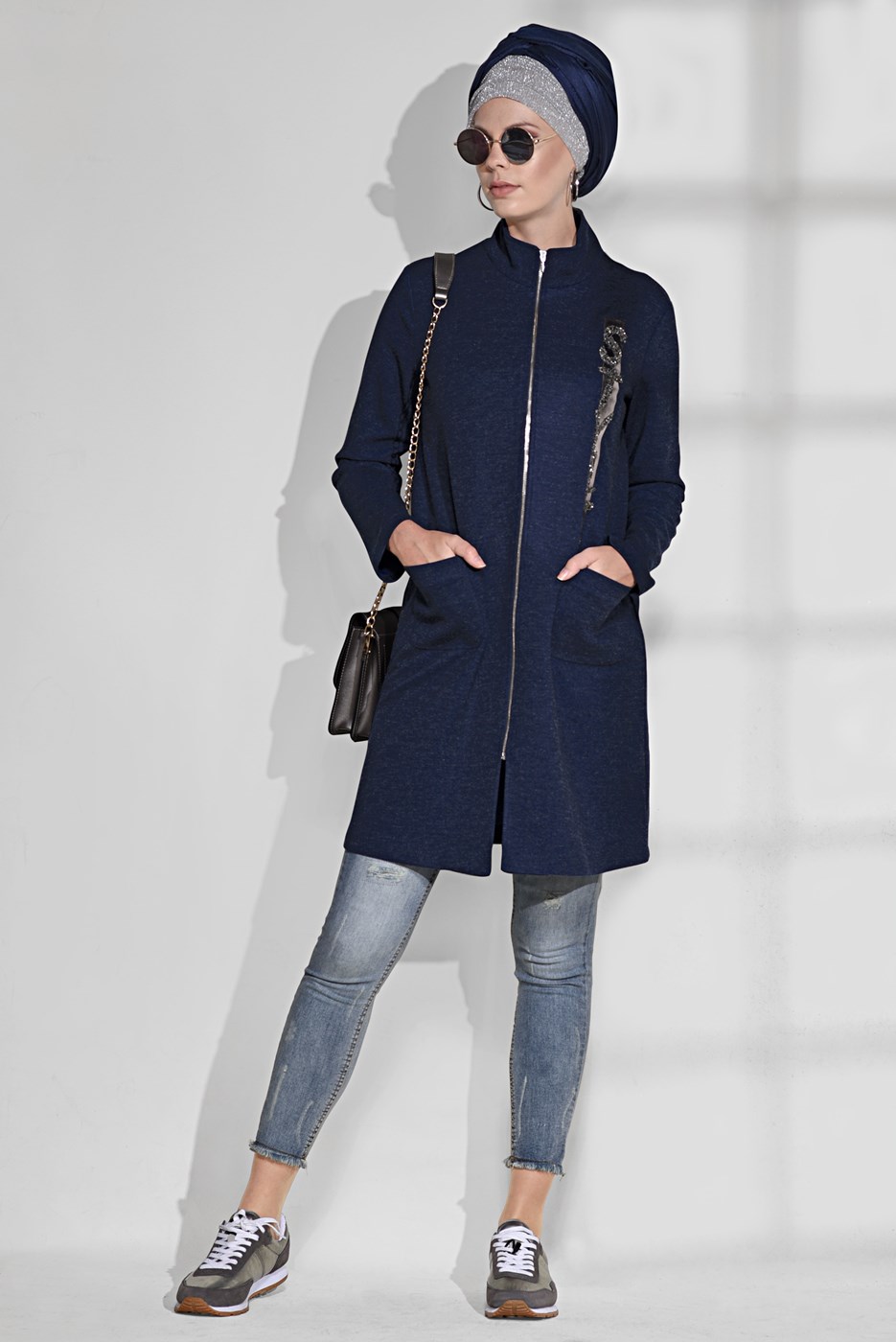 Tesettür giyim LACİVERT PAYET İŞLEMELİ CEPLİ TUNİK  4865 