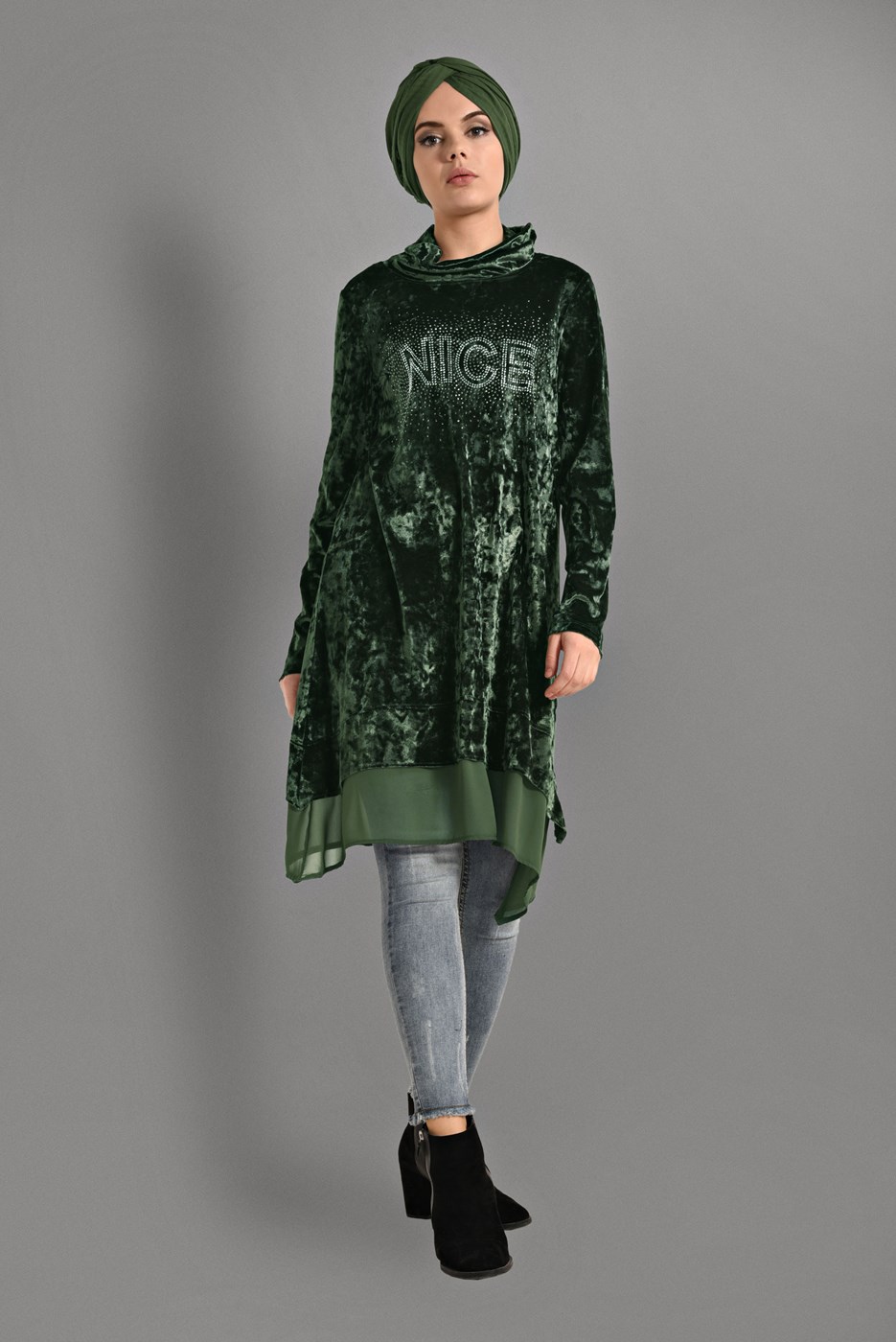 Tesettür giyim HAKİ TAŞ BASKILI KADİFE TUNİK 4868 