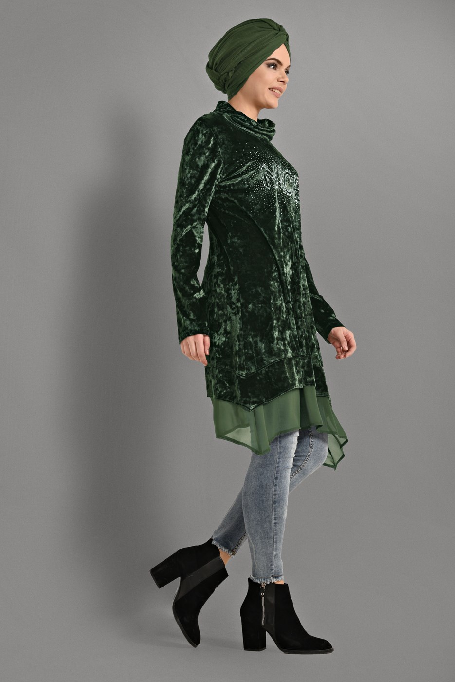 Tesettür giyim HAKİ TAŞ BASKILI KADİFE TUNİK 4868 