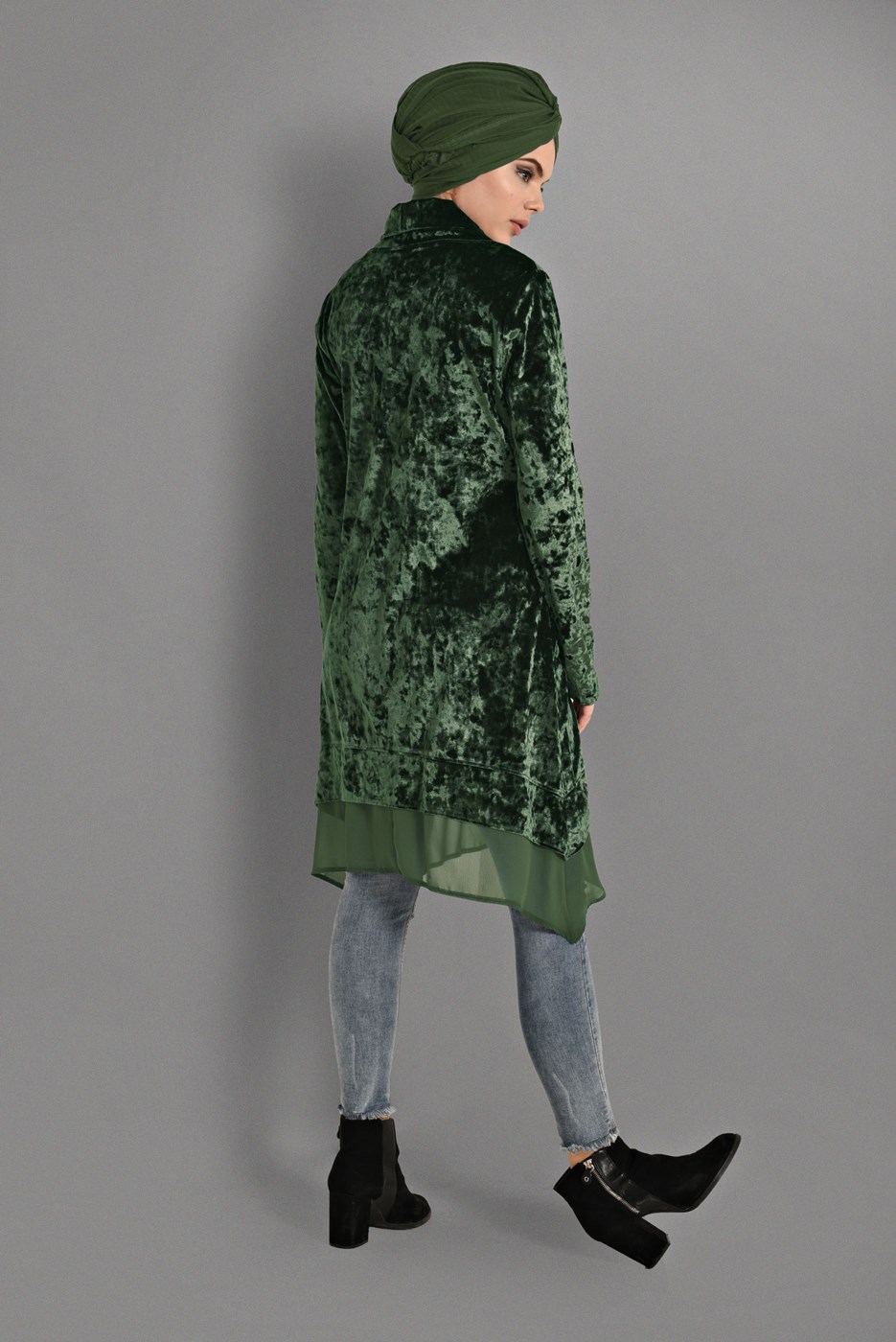 Tesettür giyim HAKİ TAŞ BASKILI KADİFE TUNİK 4868 