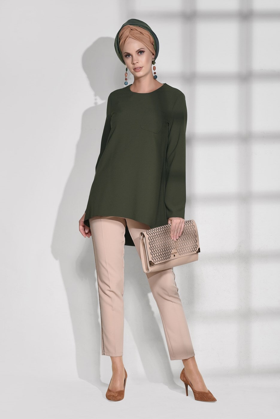 Tesettür giyim HAKİ CEP DETAYLI TUNİK 4871 