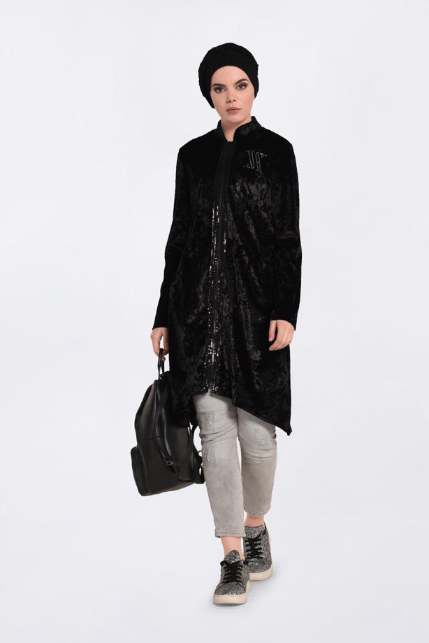 Vêtements hijab NOIR TUNIQUE EN VELOURS À COL MAO 4872   - TRENDTESETTÜR