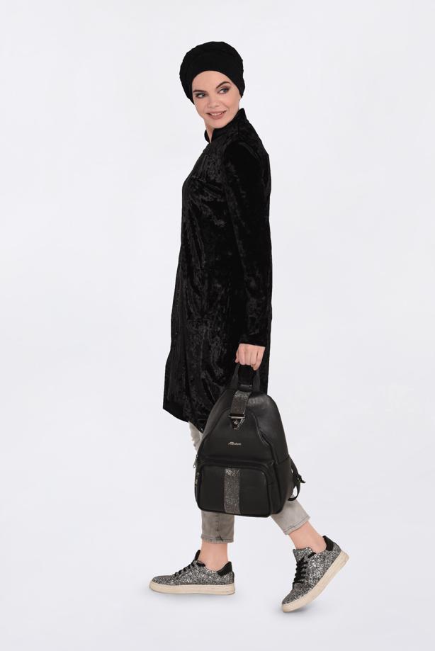 Vêtements hijab NOIR TUNIQUE EN VELOURS À COL MAO 4872   - TRENDTESETTÜR
