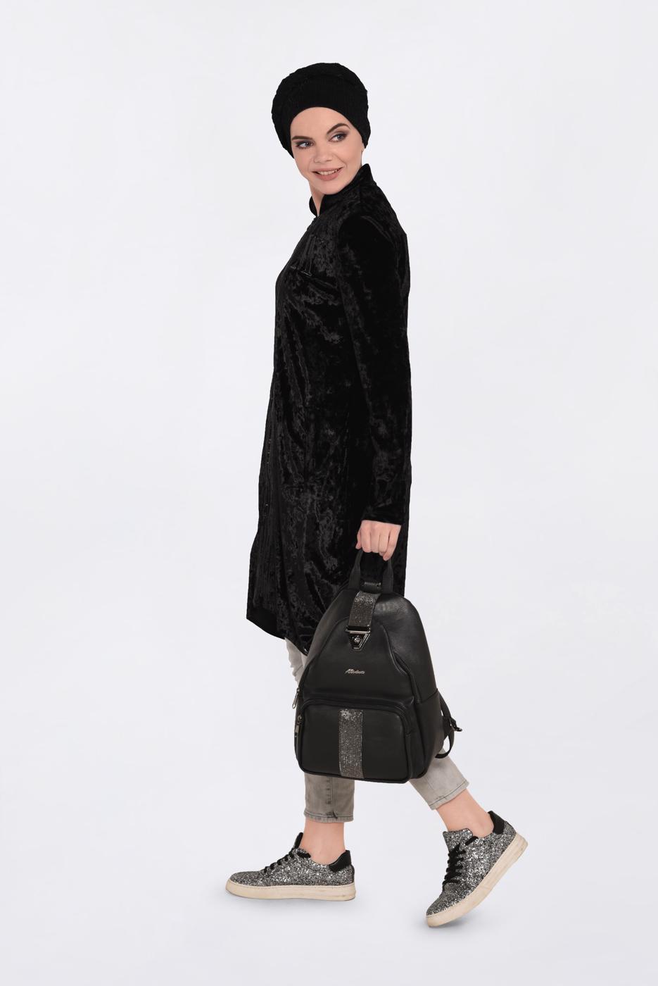 Tesettür giyim SİYAH HAKİM YAKA FERMUARLI KADİFE EŞOFMAN TUNİK 4872