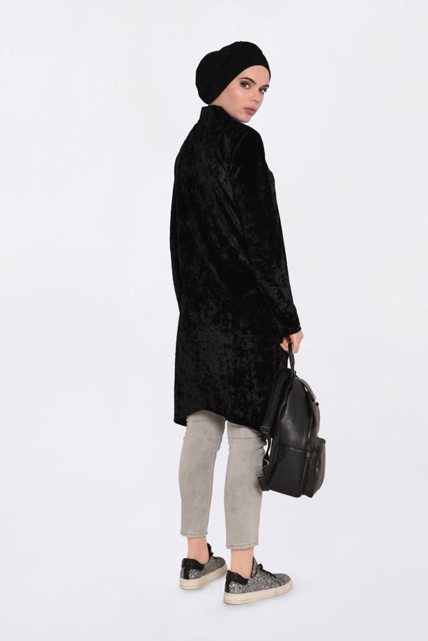 Vêtements hijab NOIR TUNIQUE EN VELOURS À COL MAO 4872   - TRENDTESETTÜR