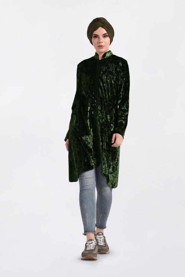 Vêtements hijab KAKI TUNIQUE EN VELOURS À COL MAO 4872   - TRENDTESETTÜR