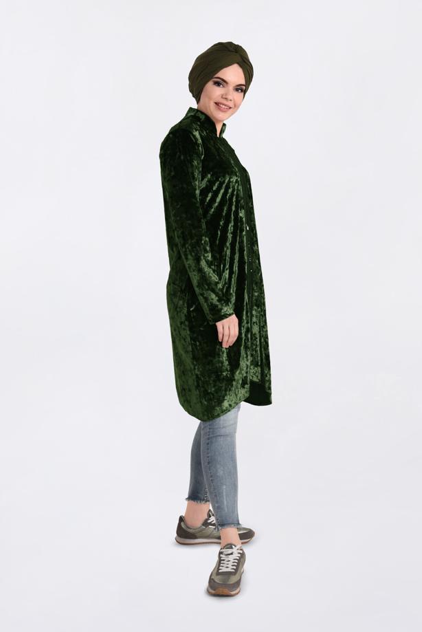 Vêtements hijab KAKI TUNIQUE EN VELOURS À COL MAO 4872   - TRENDTESETTÜR