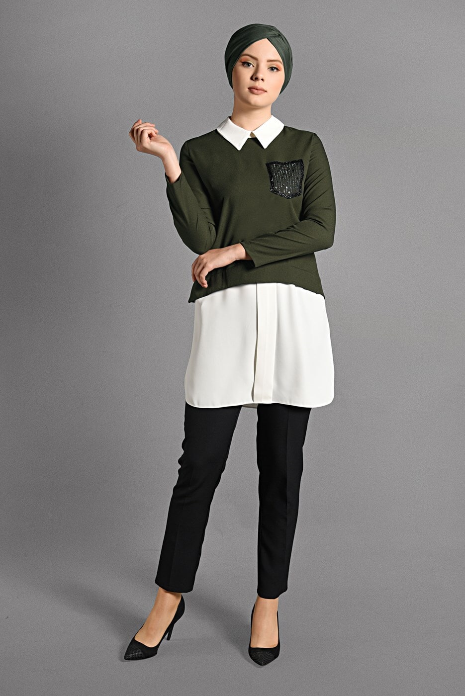 Tesettür giyim HAKİ İKİLİ GÖRÜNÜMLÜ TUNİK 4907 