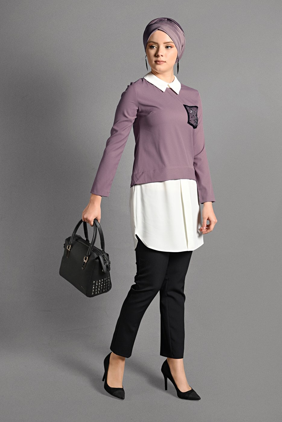 Tesettür giyim PUDRA İKİLİ GÖRÜNÜMLÜ TUNİK 4907 