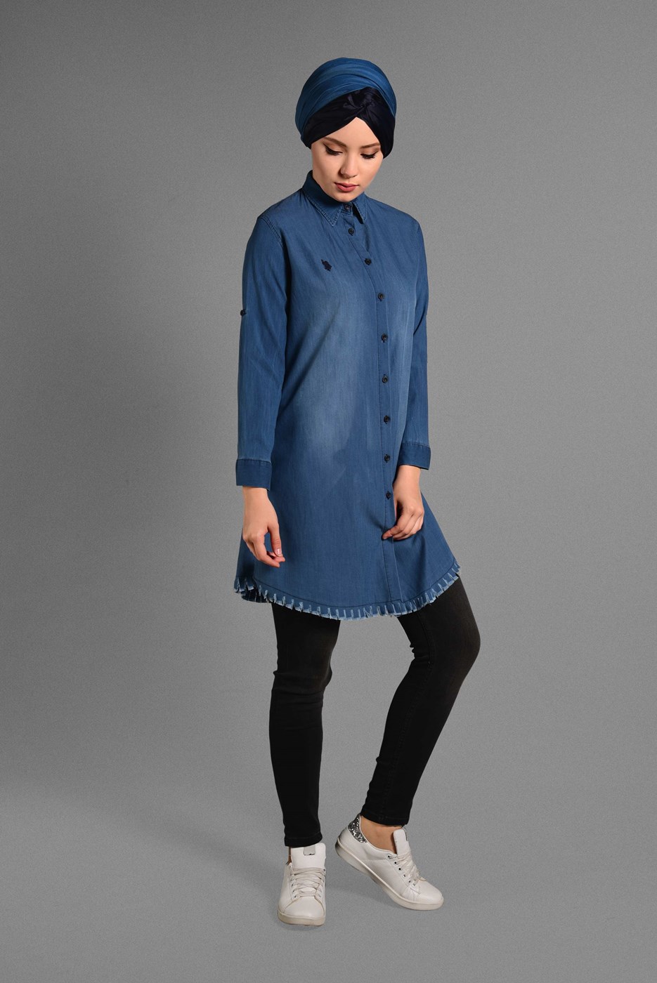 Hijab clothing NAVY BLUE FRINGE DETAILED TUNIC 5002 