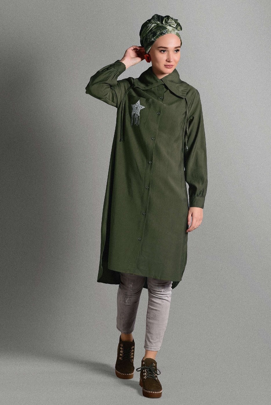 Tesettür giyim HAKİ YILDIZ ARMALI TUNİK 5012