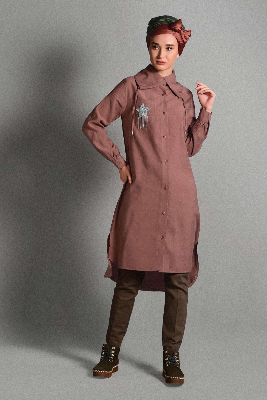 Tesettür giyim KAHVE YILDIZ ARMALI TUNİK 5012