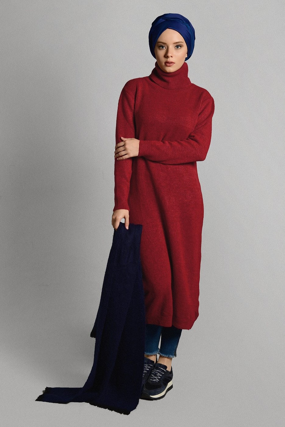 Tesettür giyim KIRMIZI BALIKÇI YAKA TRİKO TUNİK 8407