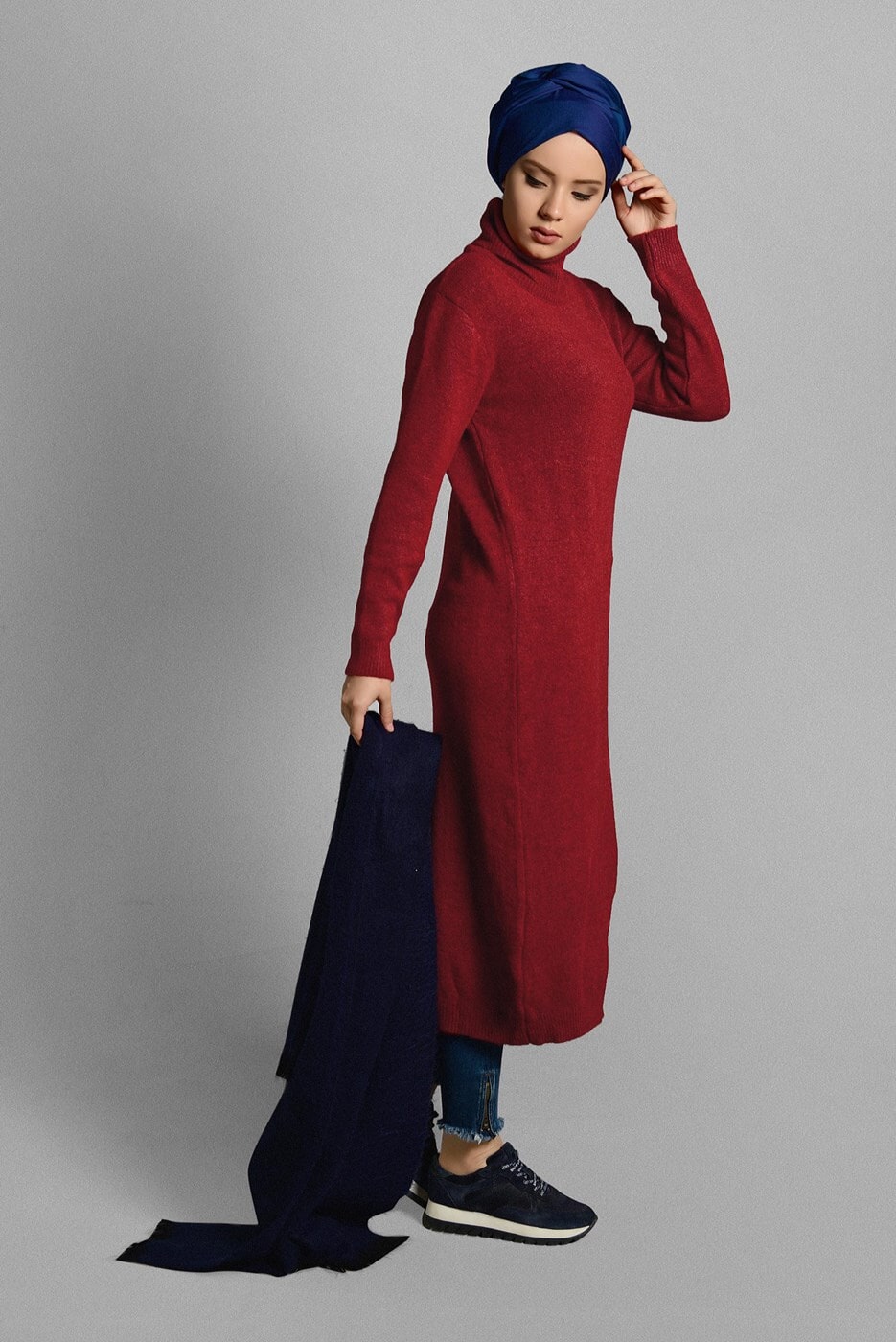 Tesettür giyim KIRMIZI BALIKÇI YAKA TRİKO TUNİK 8407