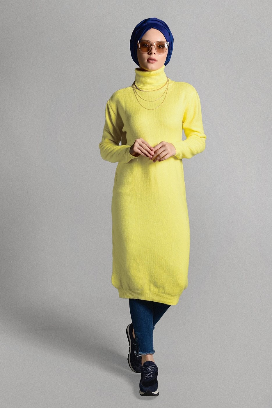 Tesettür giyim SARI BALIKÇI YAKA TRİKO TUNİK 8407