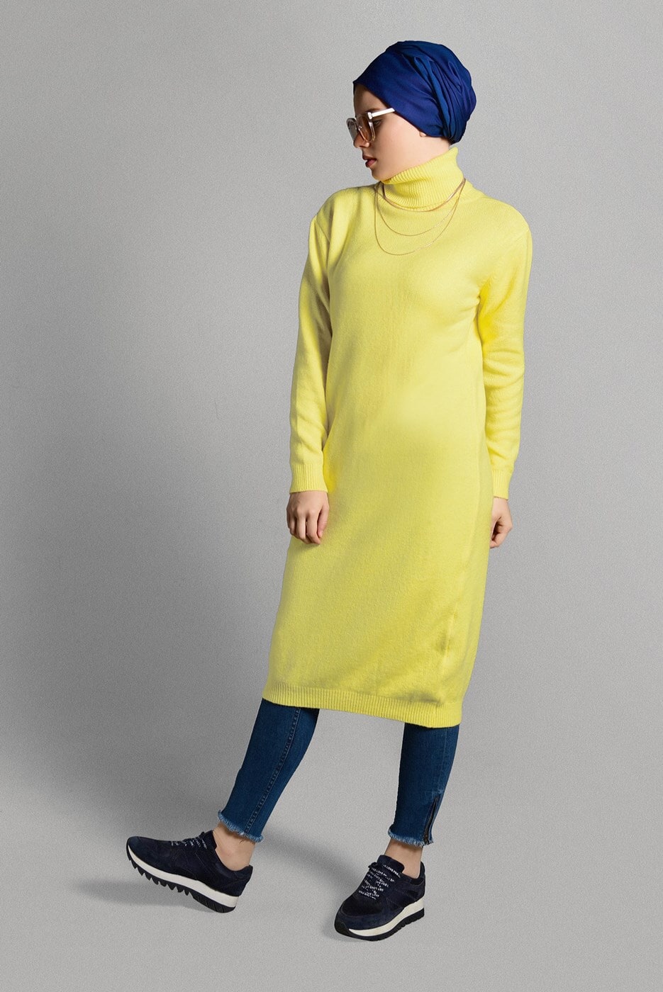 Tesettür giyim SARI BALIKÇI YAKA TRİKO TUNİK 8407