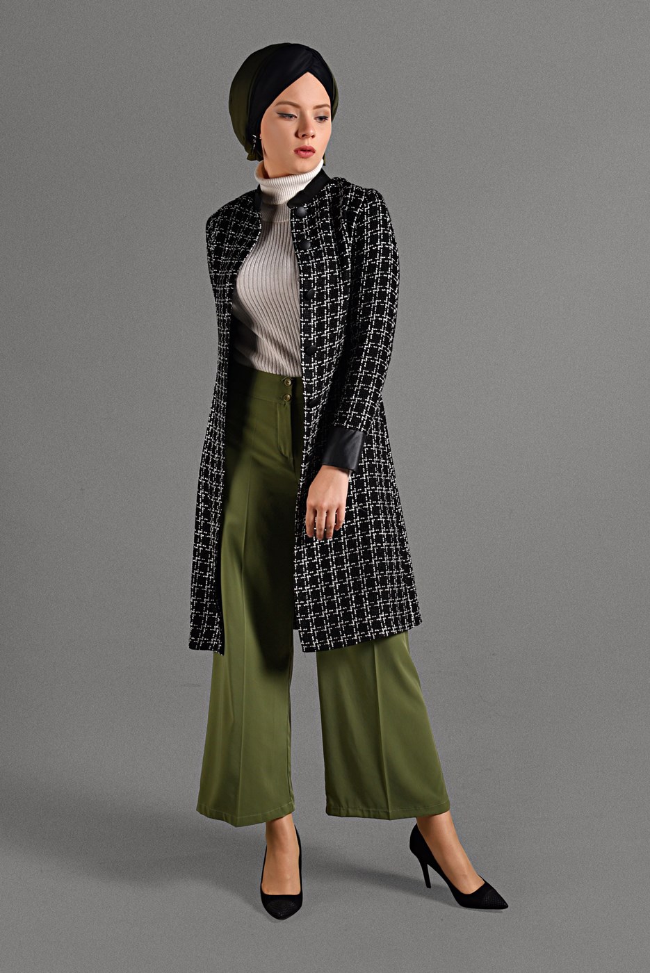 Hijab clothing BLACK MANDARIN COLLAR TRENCH-COAT 4008 