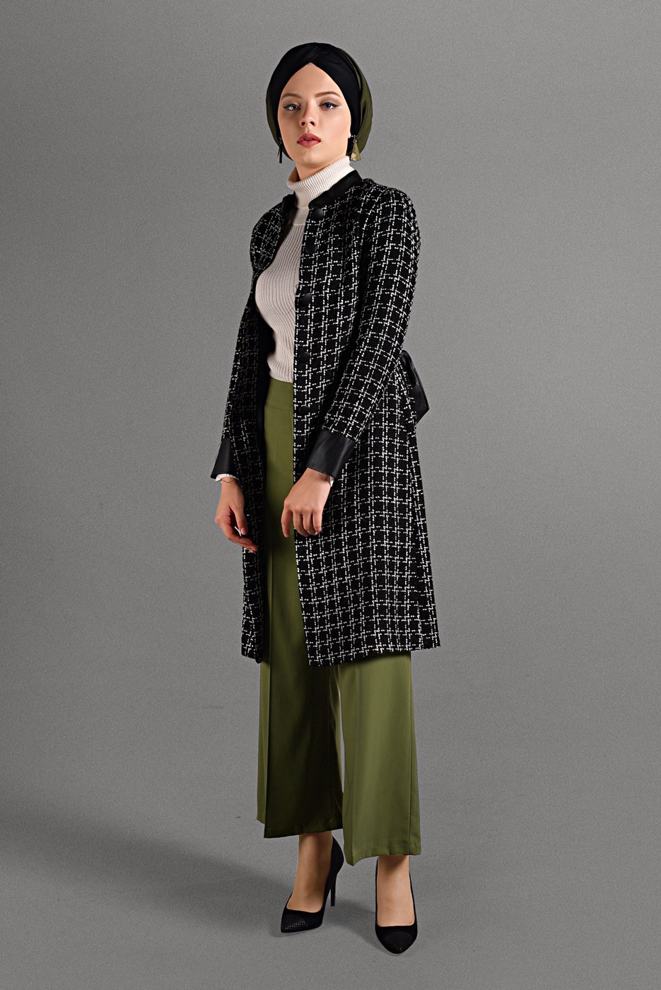 Hijab clothing BLACK MANDARIN COLLAR TRENCH-COAT 4008 