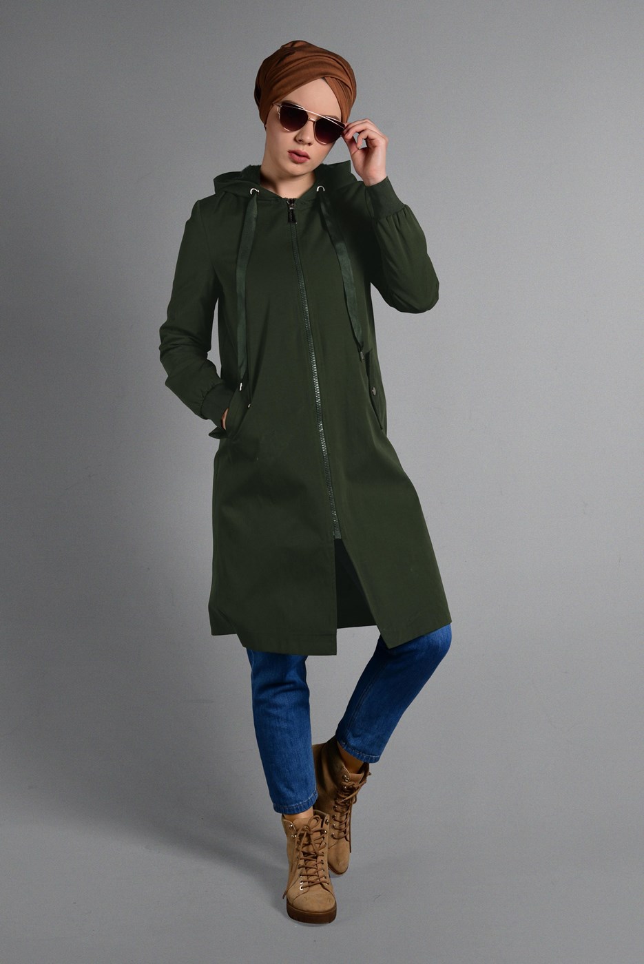 Tesettür giyim HAKİ KAPÜŞONLU PELUŞ ASTARLI TRENÇKOT  41471