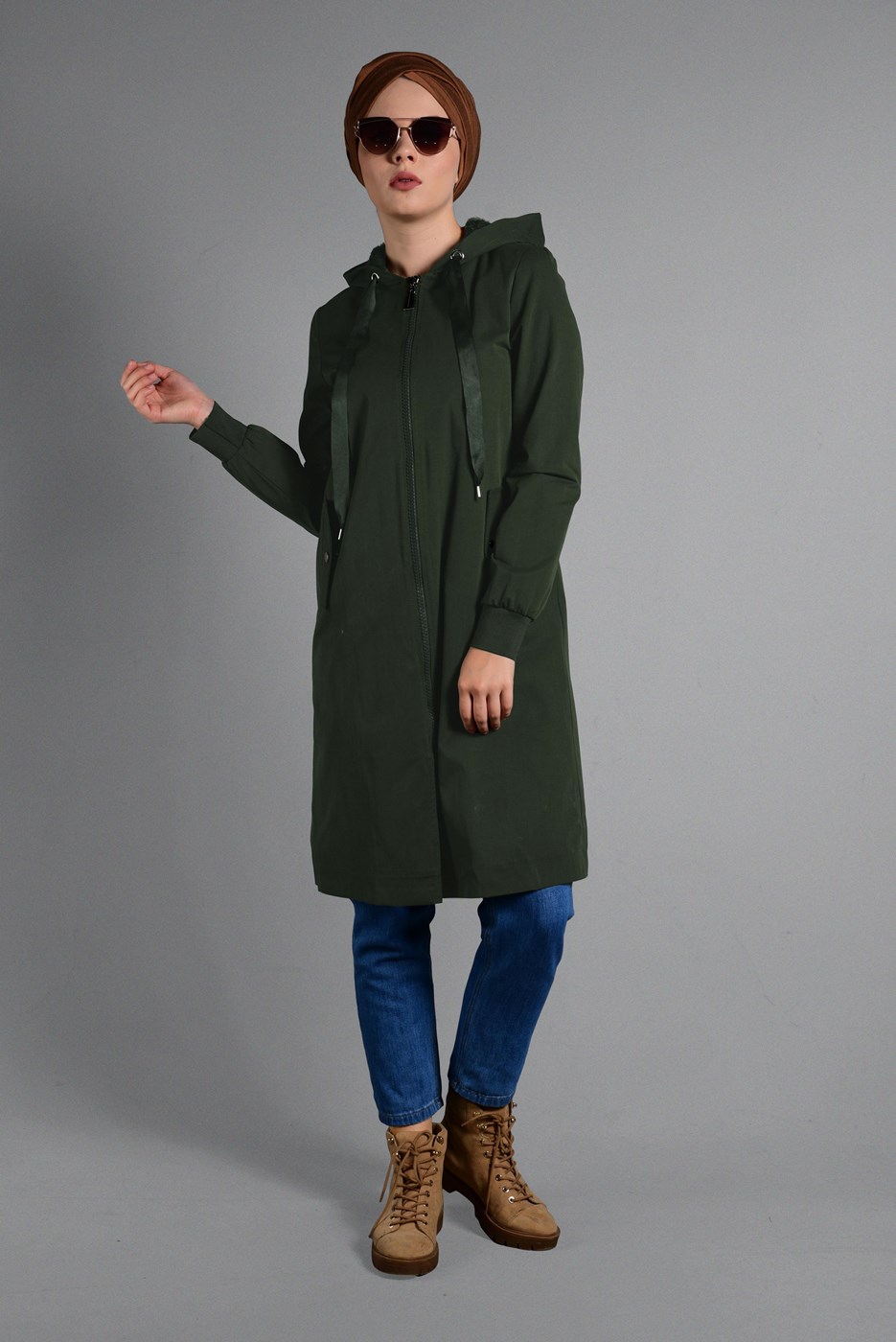 Tesettür giyim HAKİ KAPÜŞONLU PELUŞ ASTARLI TRENÇKOT  41471