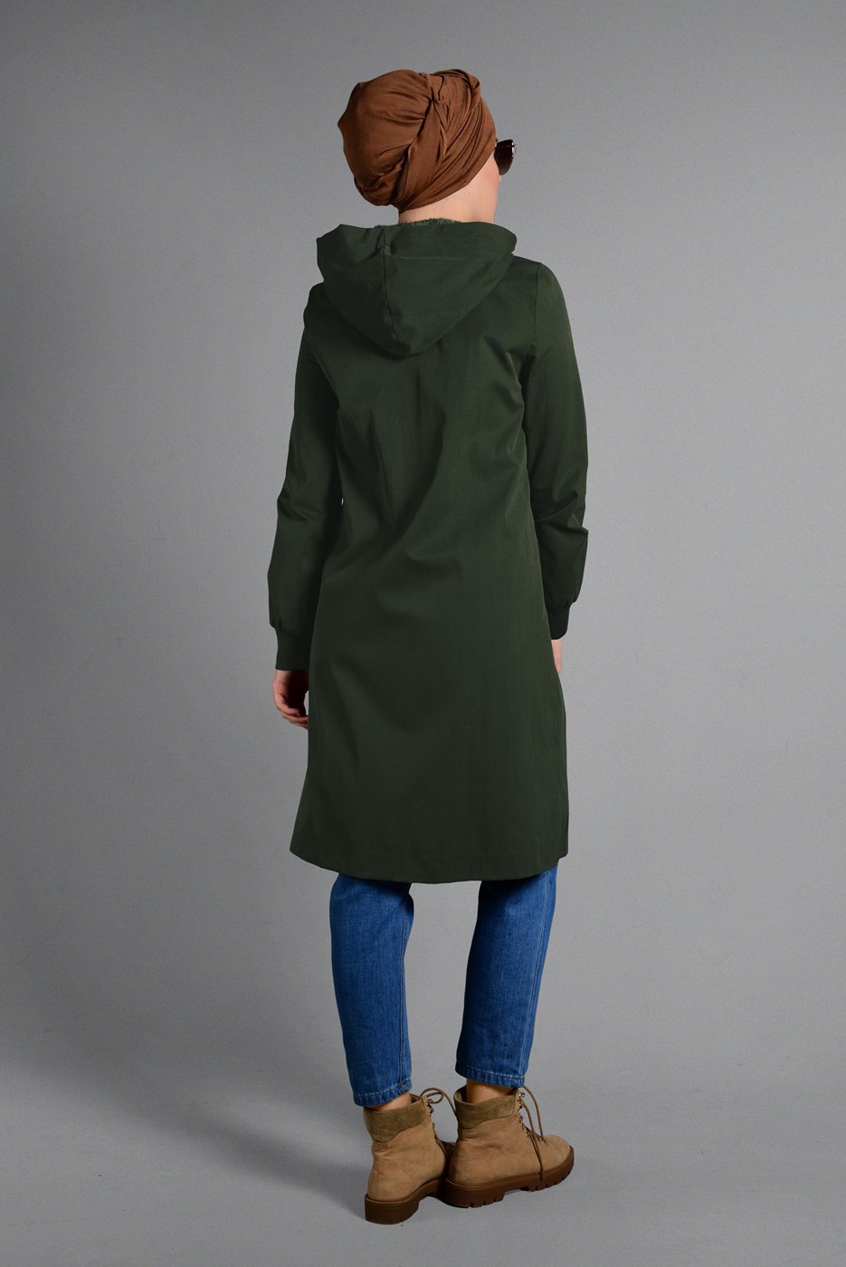 Tesettür giyim HAKİ KAPÜŞONLU PELUŞ ASTARLI TRENÇKOT  41471