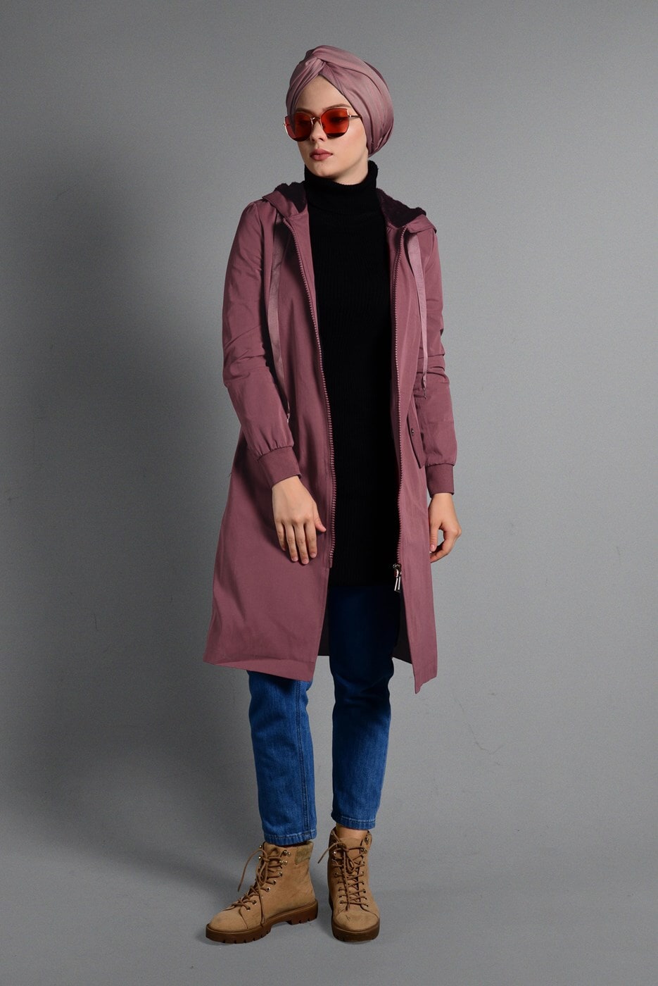 Tesettür giyim PEMBE KAPÜŞONLU PELUŞ ASTARLI TRENÇKOT  41471