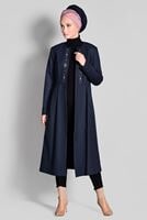Tesettür giyim LACİVERT NAKIŞ DETAYLI FERMUARLI TRENÇKOT 1145