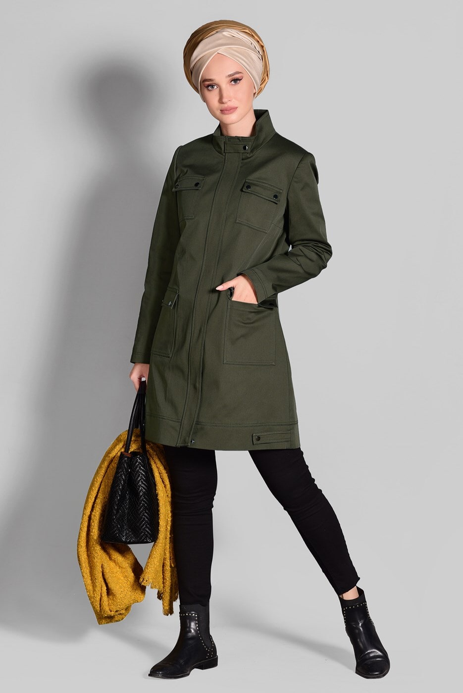 Tesettür giyim HAKİ PAMUKLU SIRTI NAKIŞ DETAYLI TRENÇKOT 1150 