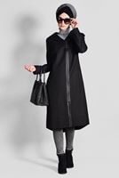 Tesettür giyim SİYAH KAPÜŞONLU FERMUARLI TRENÇKOT 1158 