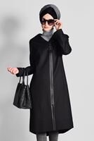 Tesettür giyim SİYAH KAPÜŞONLU FERMUARLI TRENÇKOT 1158 