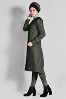 Tesettür giyim HAKİ KAPÜŞONLU FERMUARLI TRENÇKOT 1158 