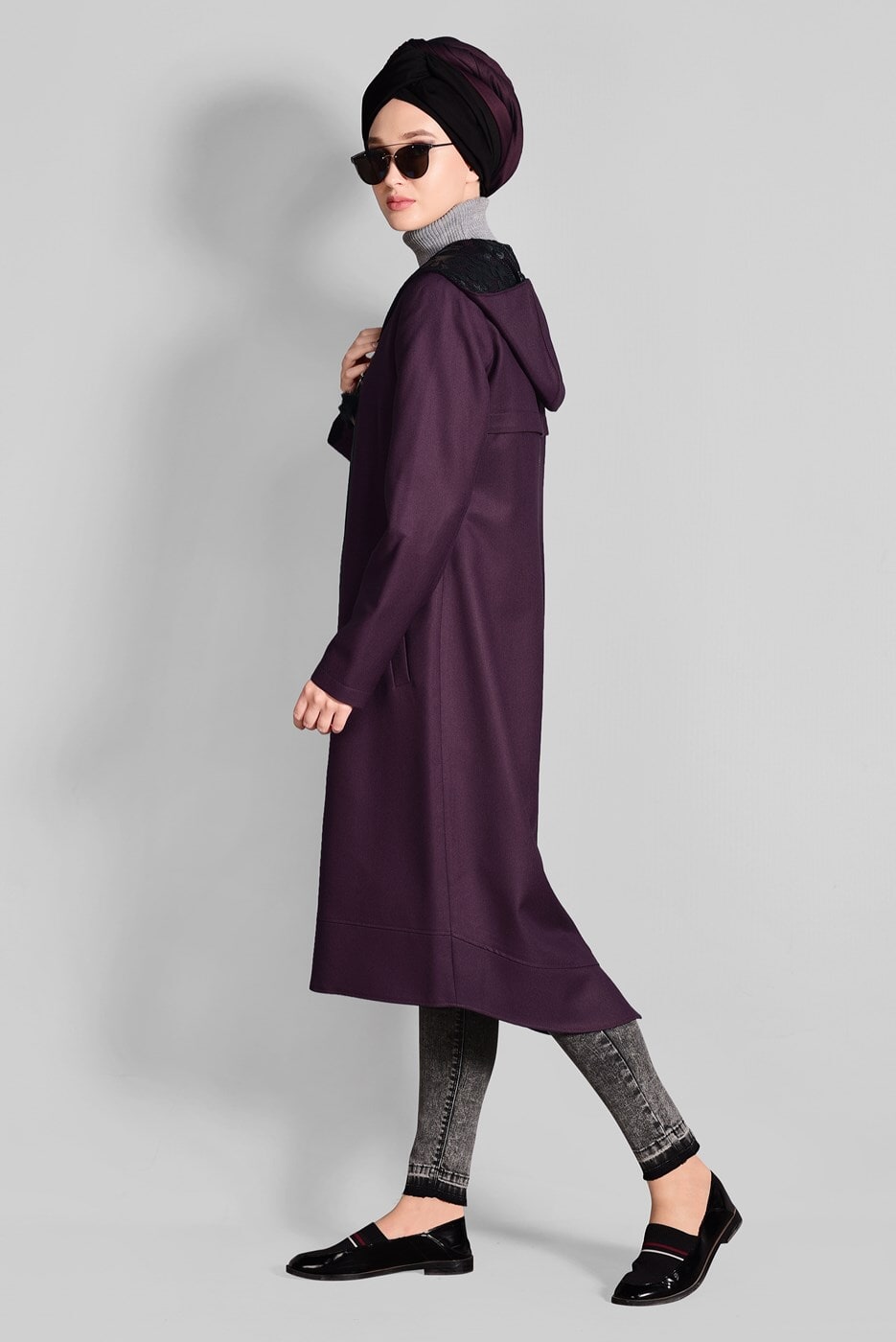 Tesettür giyim MÜRDÜM KAPÜŞONLU FERMUARLI TRENÇKOT 1158 