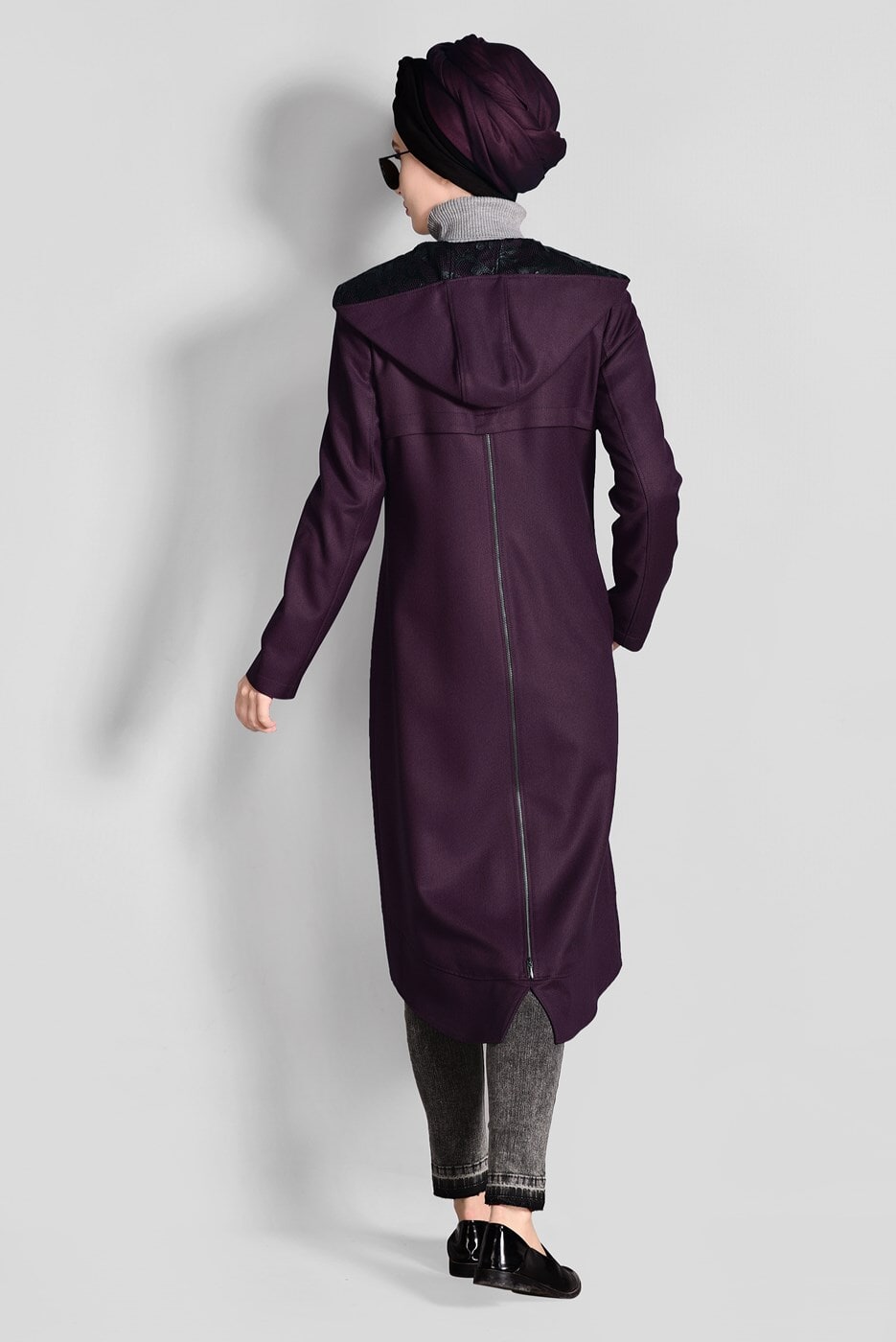 Tesettür giyim MÜRDÜM KAPÜŞONLU FERMUARLI TRENÇKOT 1158 