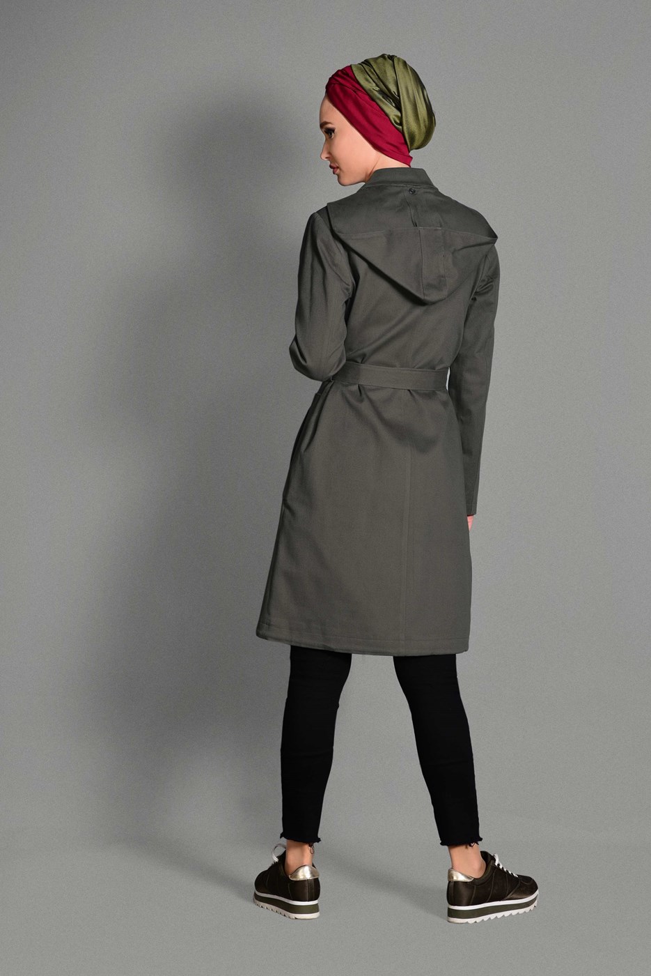 Tesettür giyim HAKİ NAKIŞ DETAYLI BELİ KUŞAKLI TRENÇKOT 1159 