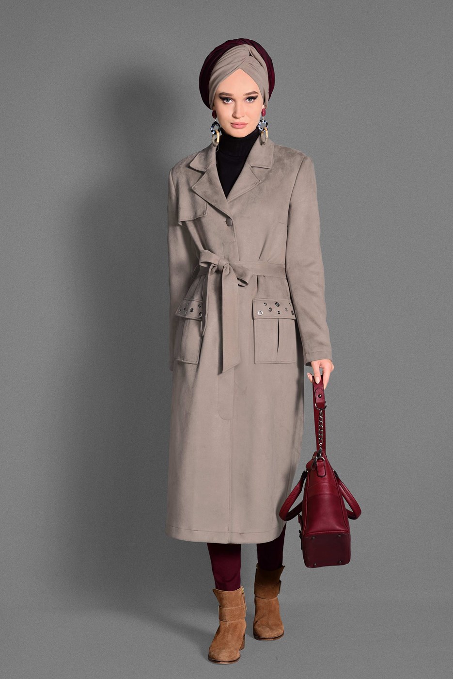 Tesettür giyim BEJ KUŞGÖZÜ DETAYLI SÜET TRENÇKOT 1168 