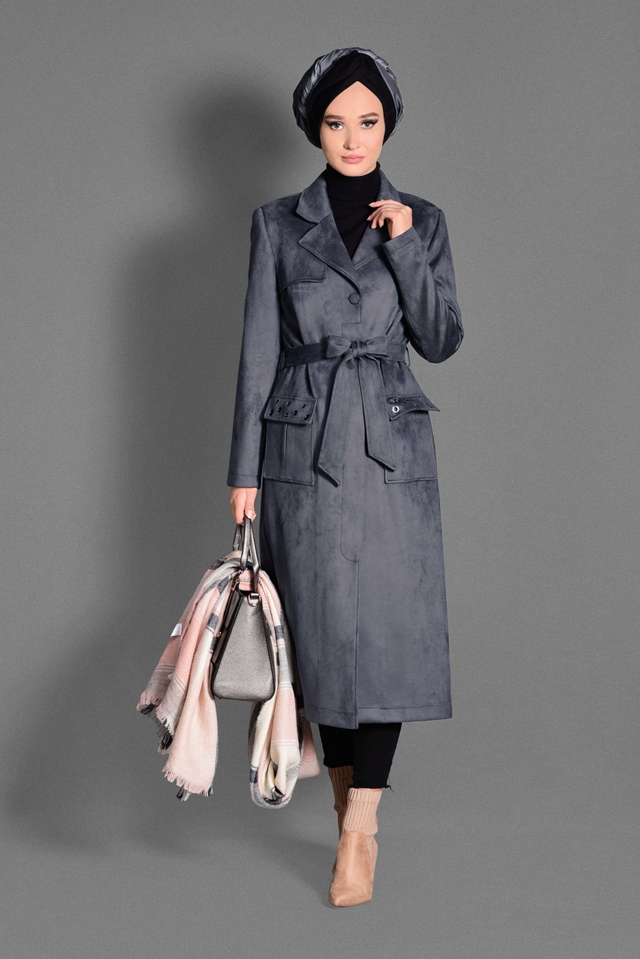 Tesettür giyim GRİ KUŞGÖZÜ DETAYLI SÜET TRENÇKOT 1168 