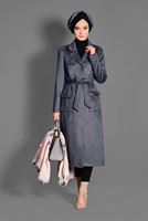 Tesettür giyim GRİ KUŞGÖZÜ DETAYLI SÜET TRENÇKOT 1168 