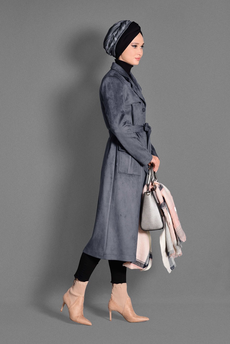 Tesettür giyim GRİ KUŞGÖZÜ DETAYLI SÜET TRENÇKOT 1168 