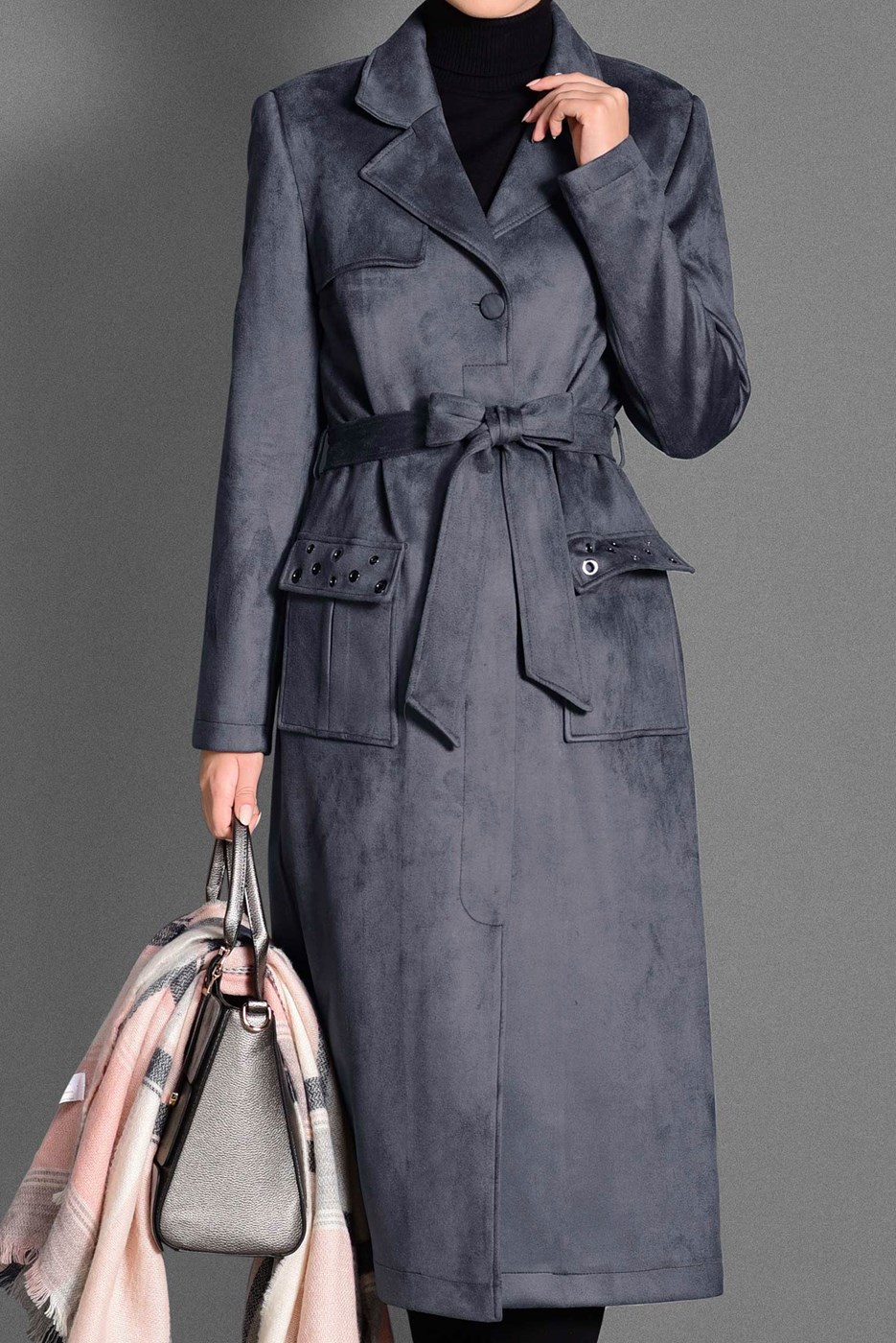 Tesettür giyim GRİ KUŞGÖZÜ DETAYLI SÜET TRENÇKOT 1168 