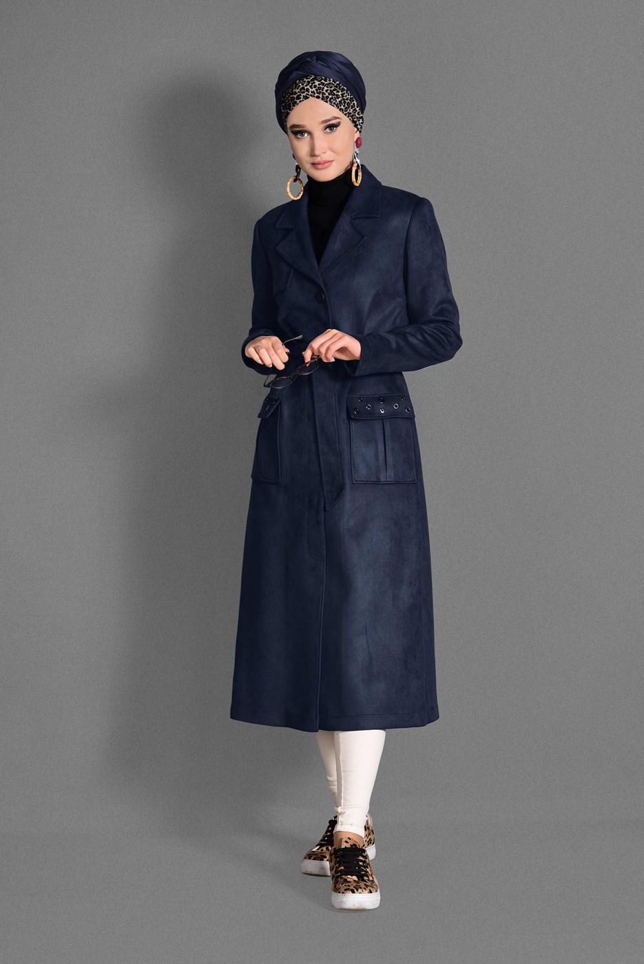 Tesettür giyim LACİVERT KUŞGÖZÜ DETAYLI SÜET TRENÇKOT 1168 