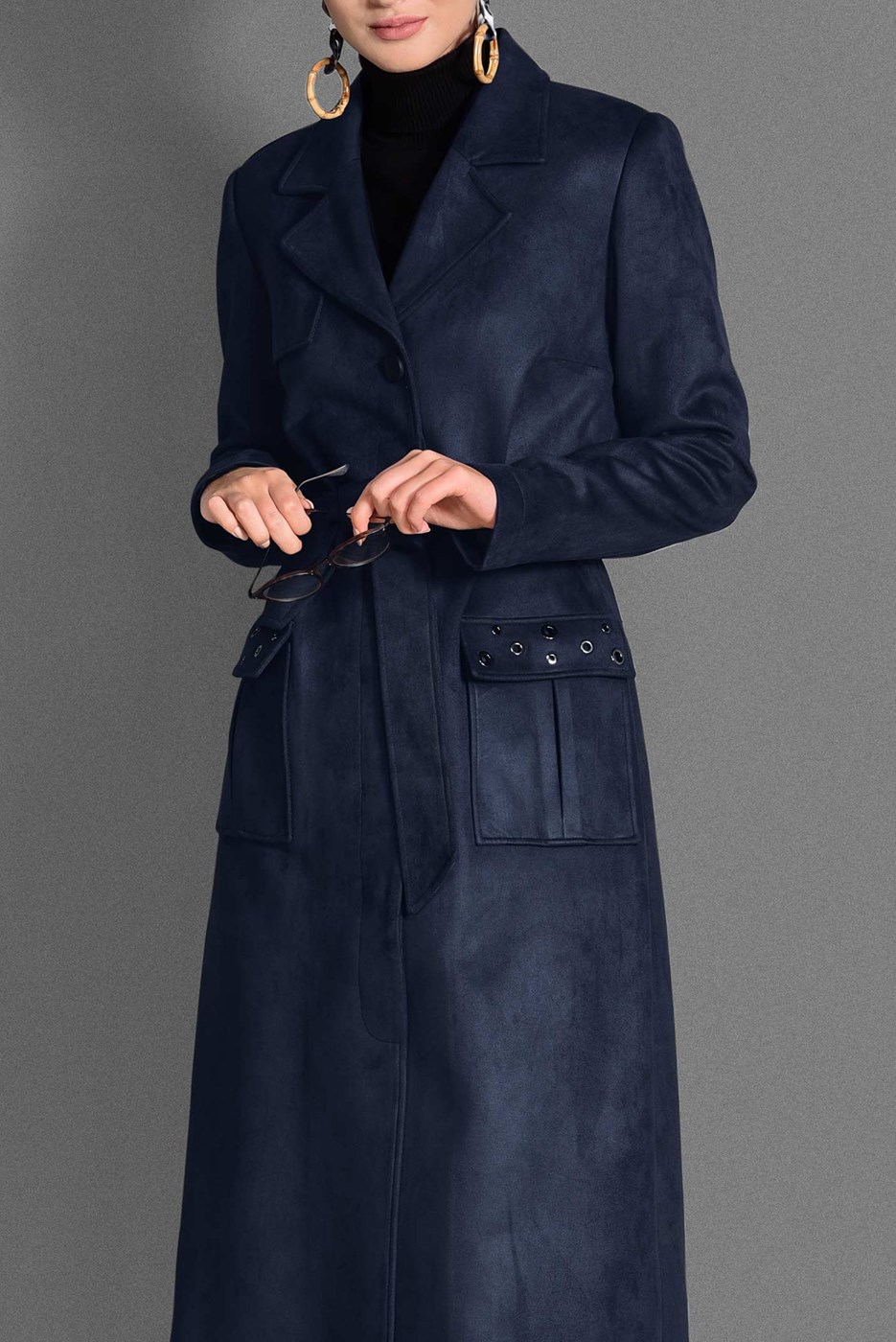 Tesettür giyim LACİVERT KUŞGÖZÜ DETAYLI SÜET TRENÇKOT 1168 