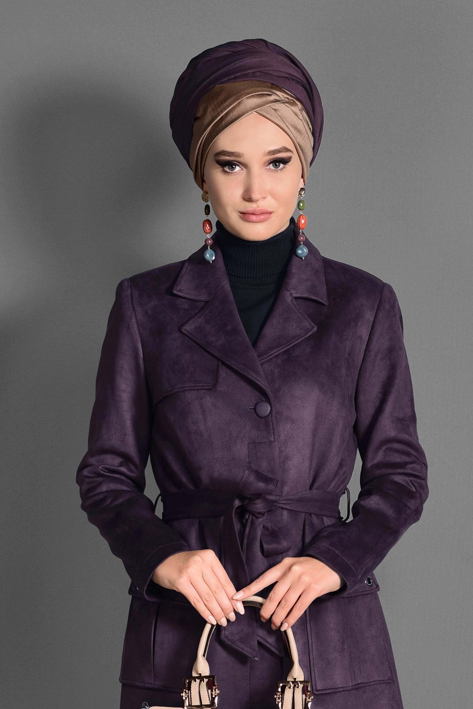 Tesettür giyim MÜRDÜM KUŞGÖZÜ DETAYLI SÜET TRENÇKOT 1168 