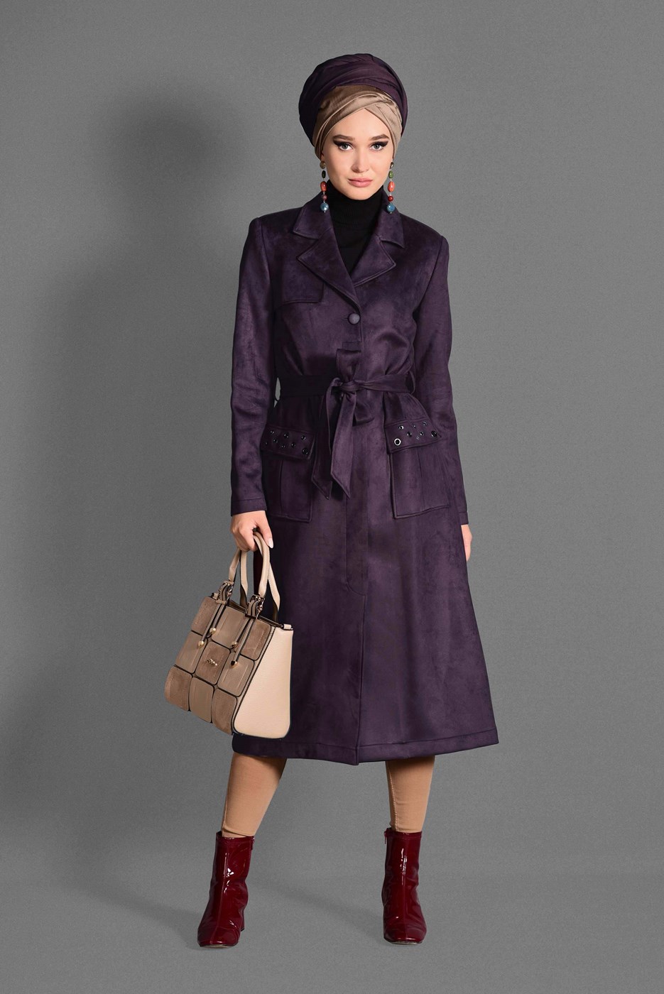 Tesettür giyim MÜRDÜM KUŞGÖZÜ DETAYLI SÜET TRENÇKOT 1168 